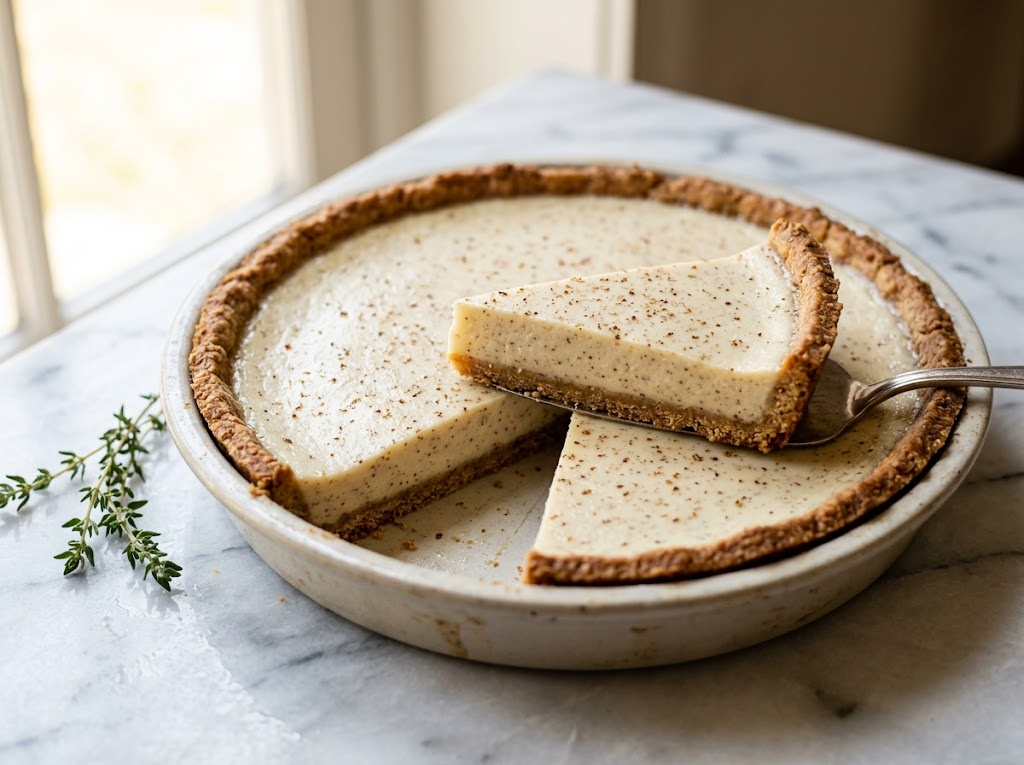 Whole spelt custard tart with nutmeg-speckled filling and golden spelt pastry crust, one slice lifted on marble surface