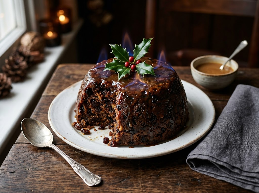 Dark spelt Christmas pudding on a white plate with brandy flames and a holly sprig, candlelit table setting
