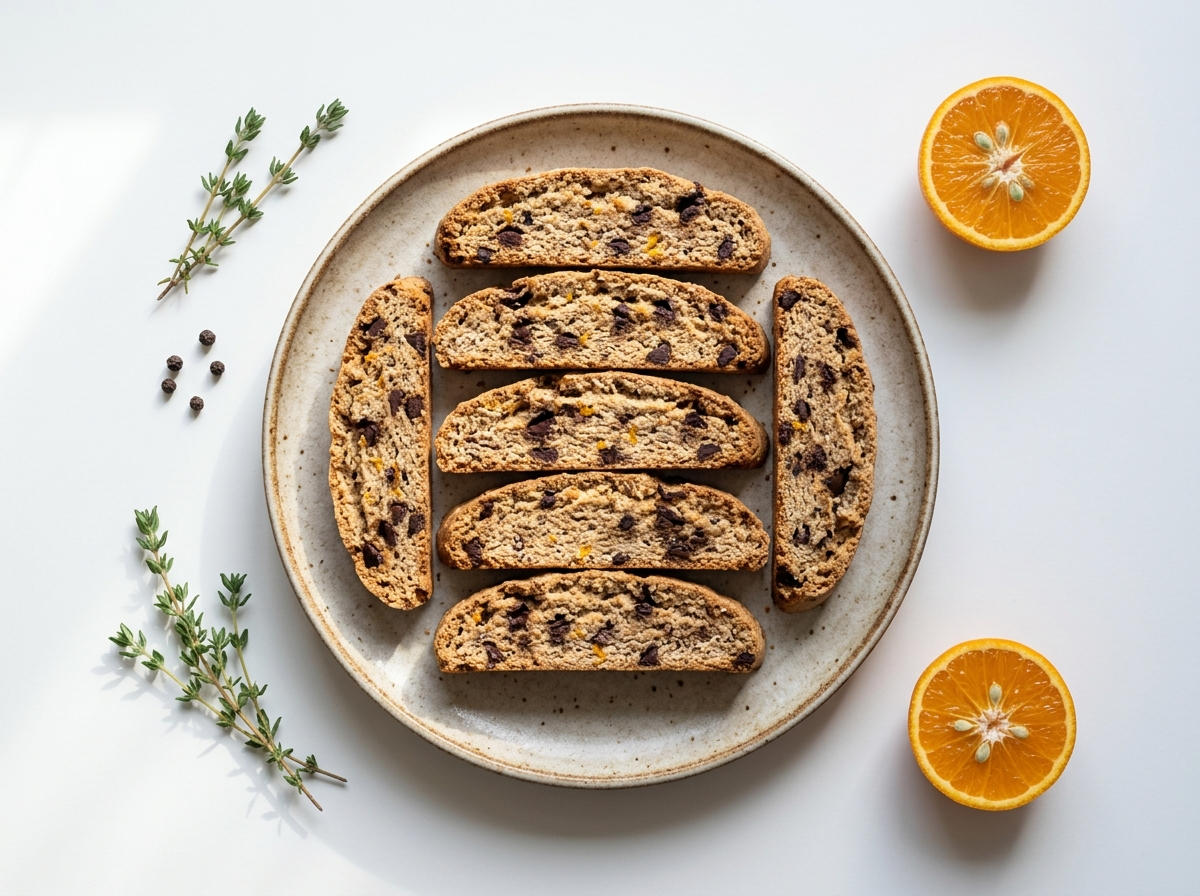 Stack of spelt chocolate orange biscotti on a wooden board with espresso cup and scattered orange zest