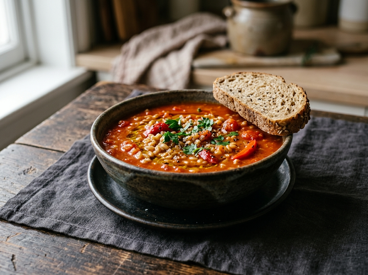 Close-up of spelt tomato and red pepper soup in a rustic bowl with visible spelt grains and fresh parsley