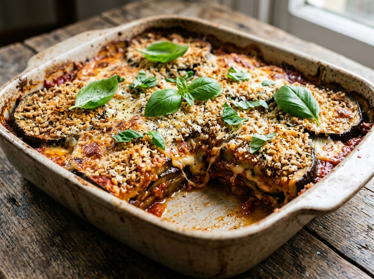 Deep baking dish of spelt aubergine parmigiana with golden breadcrumb crust and melted mozzarella, fresh basil on top