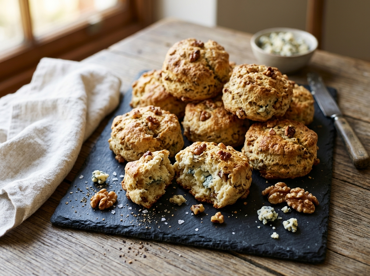 Golden walnut and blue cheese scones on a slate board, one broken open to show soft crumb and cheese pockets