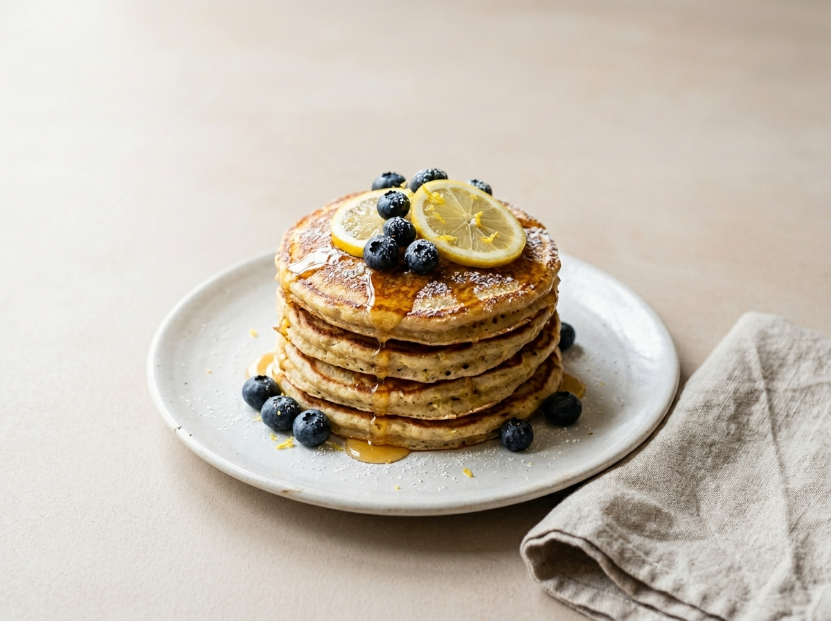 Stack of golden spelt lemon ricotta pancakes drizzled with honey and topped with fresh blueberries on a white plate