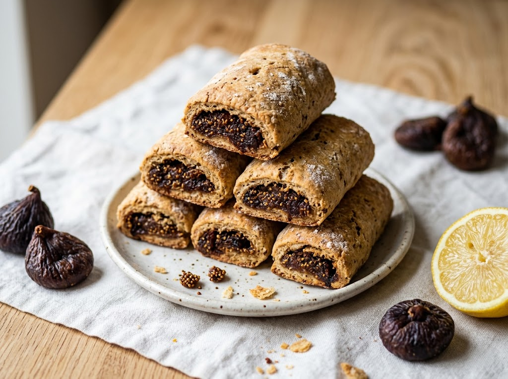 Stack of homemade spelt fig rolls on a ceramic plate showing golden pastry and dense fig filling at the cut ends