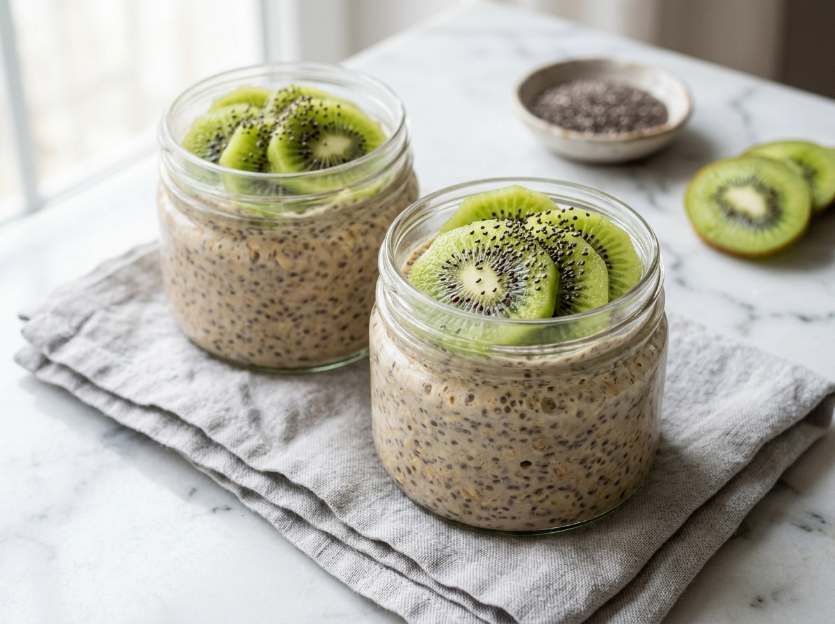 Two glass jars of spelt chia pudding topped with fresh kiwi slices and chia seeds on marble