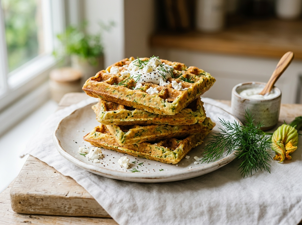 Stack of four golden spelt savoury courgette waffles with feta and dill on a white plate, linen napkin alongside.