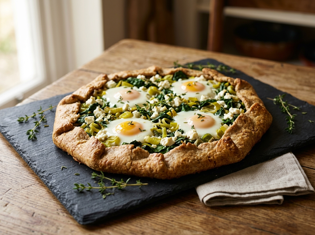 Spelt savoury breakfast galette with four baked eggs, feta, and wilted spinach on a slate board