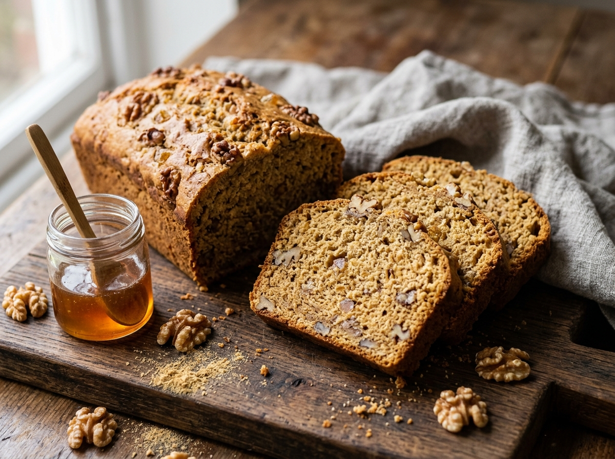 Sliced ginger and walnut spelt loaf on a dark board showing moist golden crumb with visible walnut pieces.