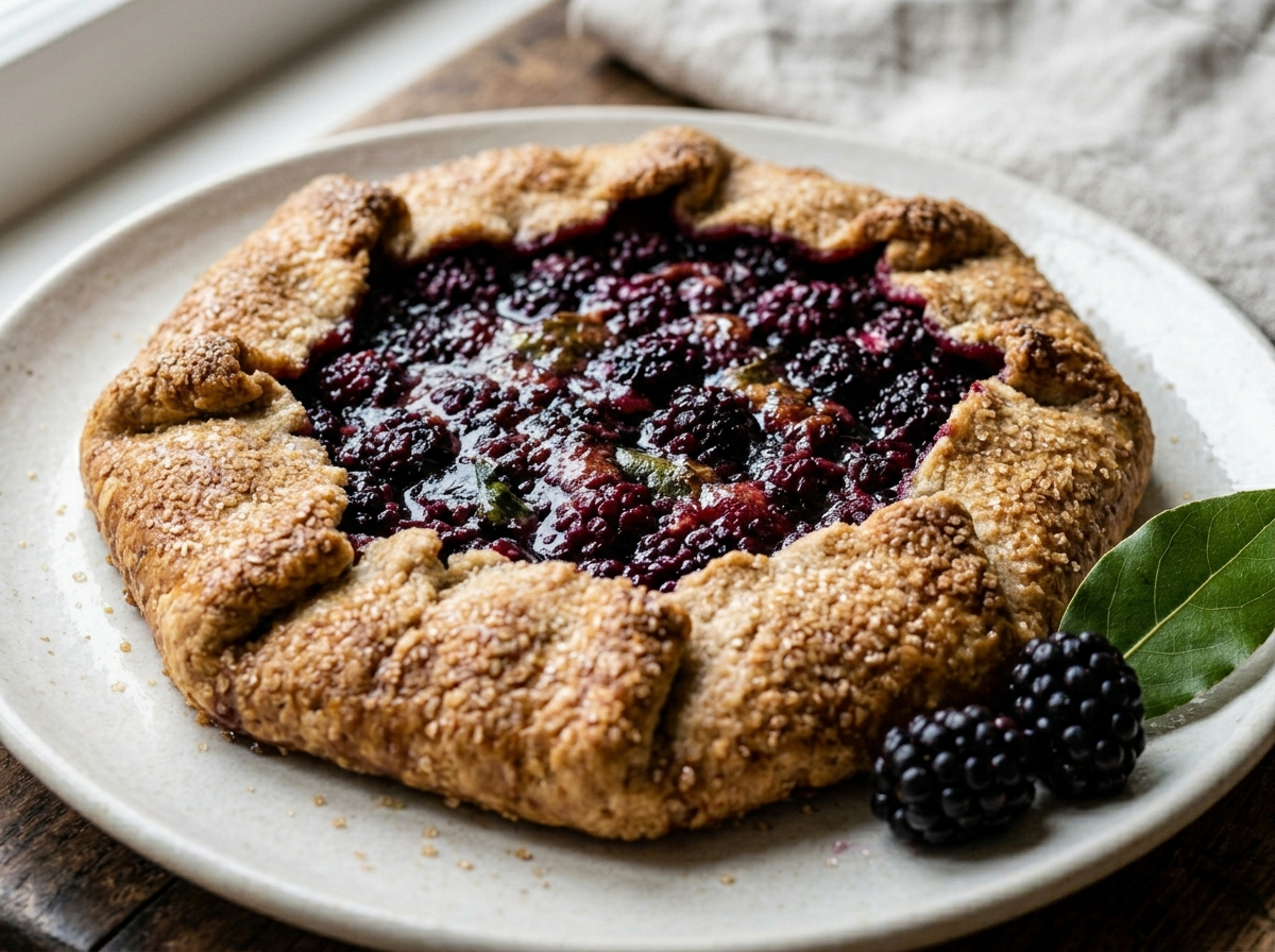 Rustic spelt blackberry galette with golden folded crust and deep purple filling on a white ceramic plate
