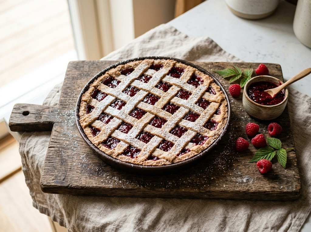 Spelt raspberry Linzer tart with golden lattice crust and deep red jam filling, dusted with powdered sugar on a wooden board