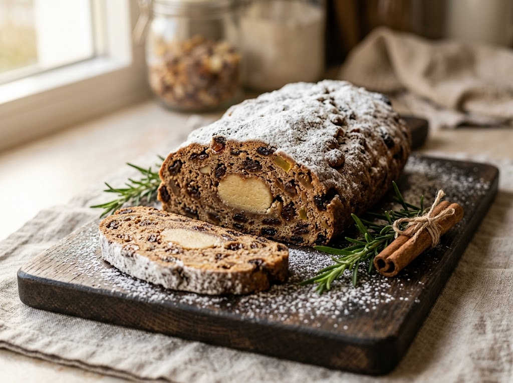 Whole spelt stollen bread dusted with icing sugar on a wooden board with a sliced piece showing marzipan centre