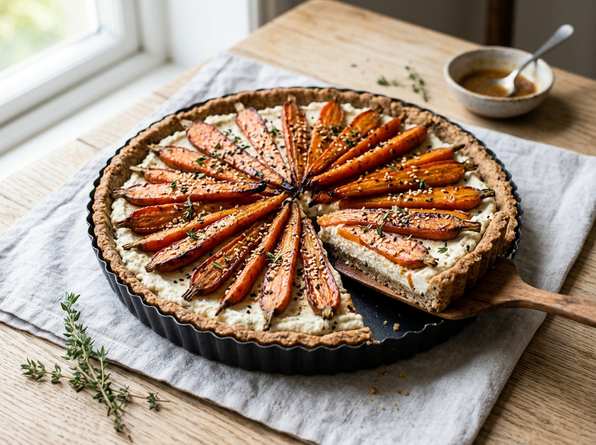 Whole spelt miso butter roasted carrot tart with caramelised carrot halves and fresh thyme in a fluted tin