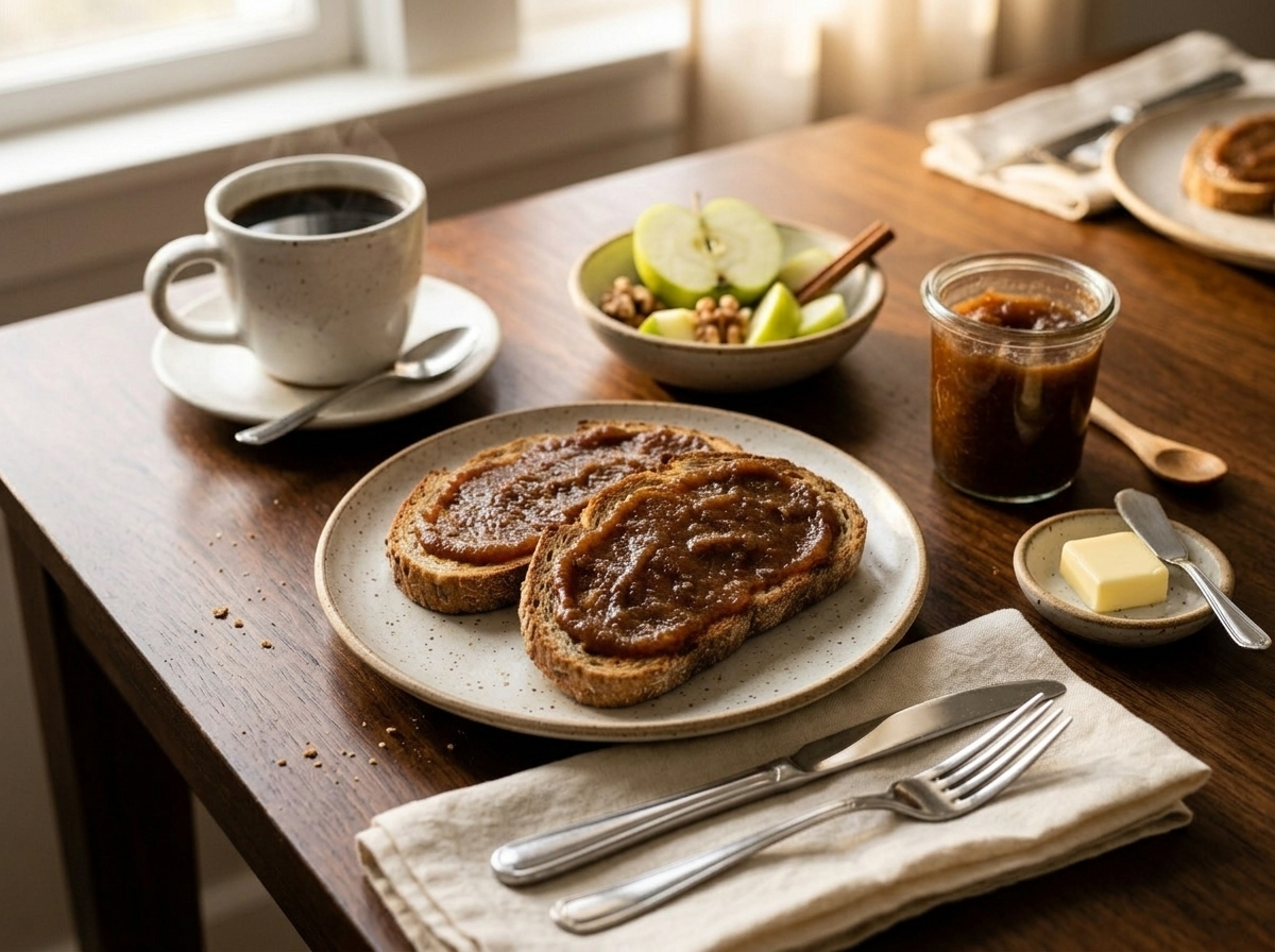 Plated spelt apple butter breakfast toast on a white ceramic plate beside a mug of black coffee in morning light.