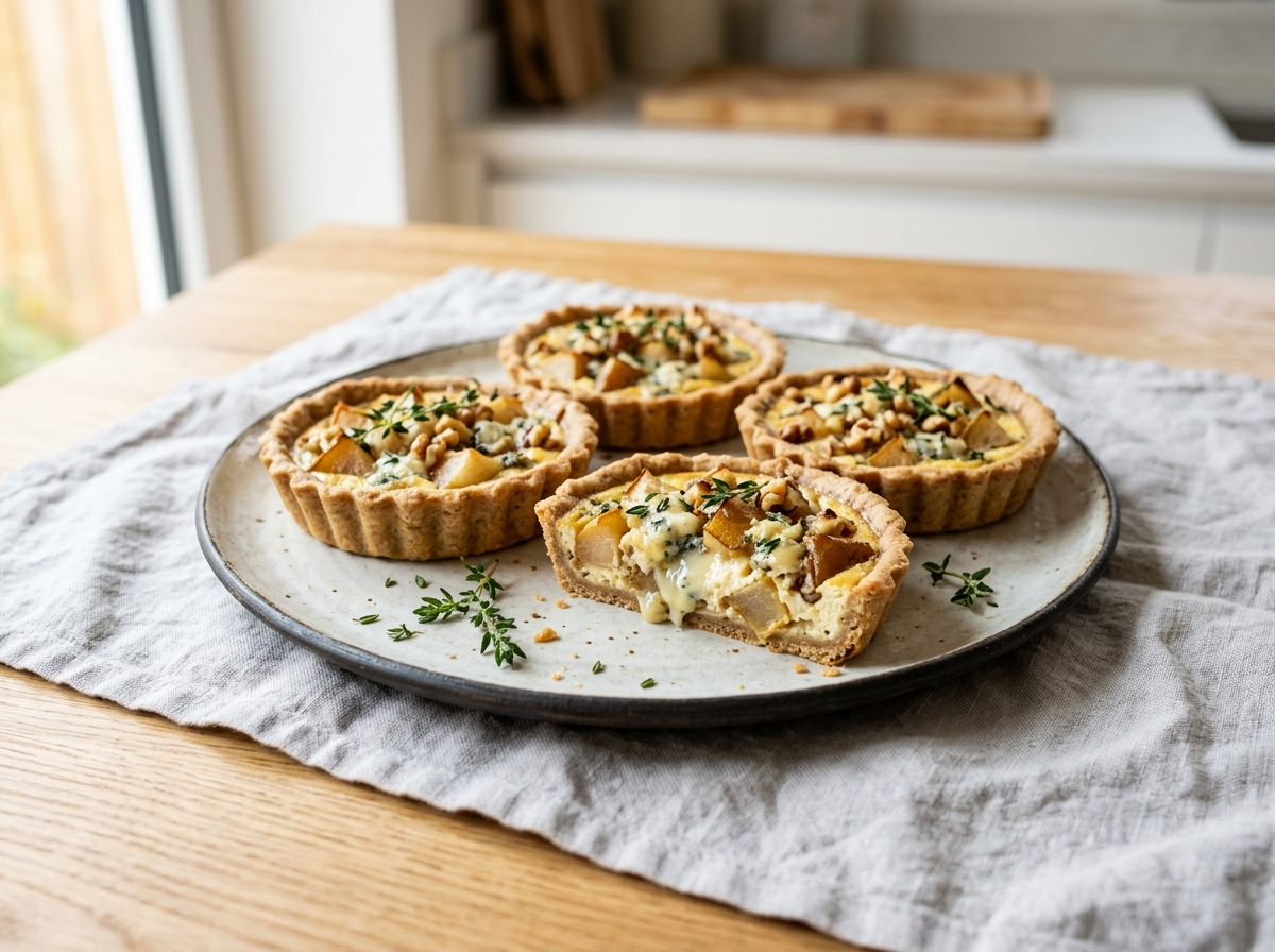 Four crisp spelt pastry tartlets filled with blue cheese, roasted pear, and walnuts on a linen-covered wooden surface