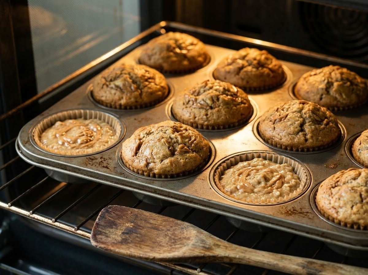 Golden-topped spelt banana muffins baking in a standard 12-cup muffin tin inside the oven