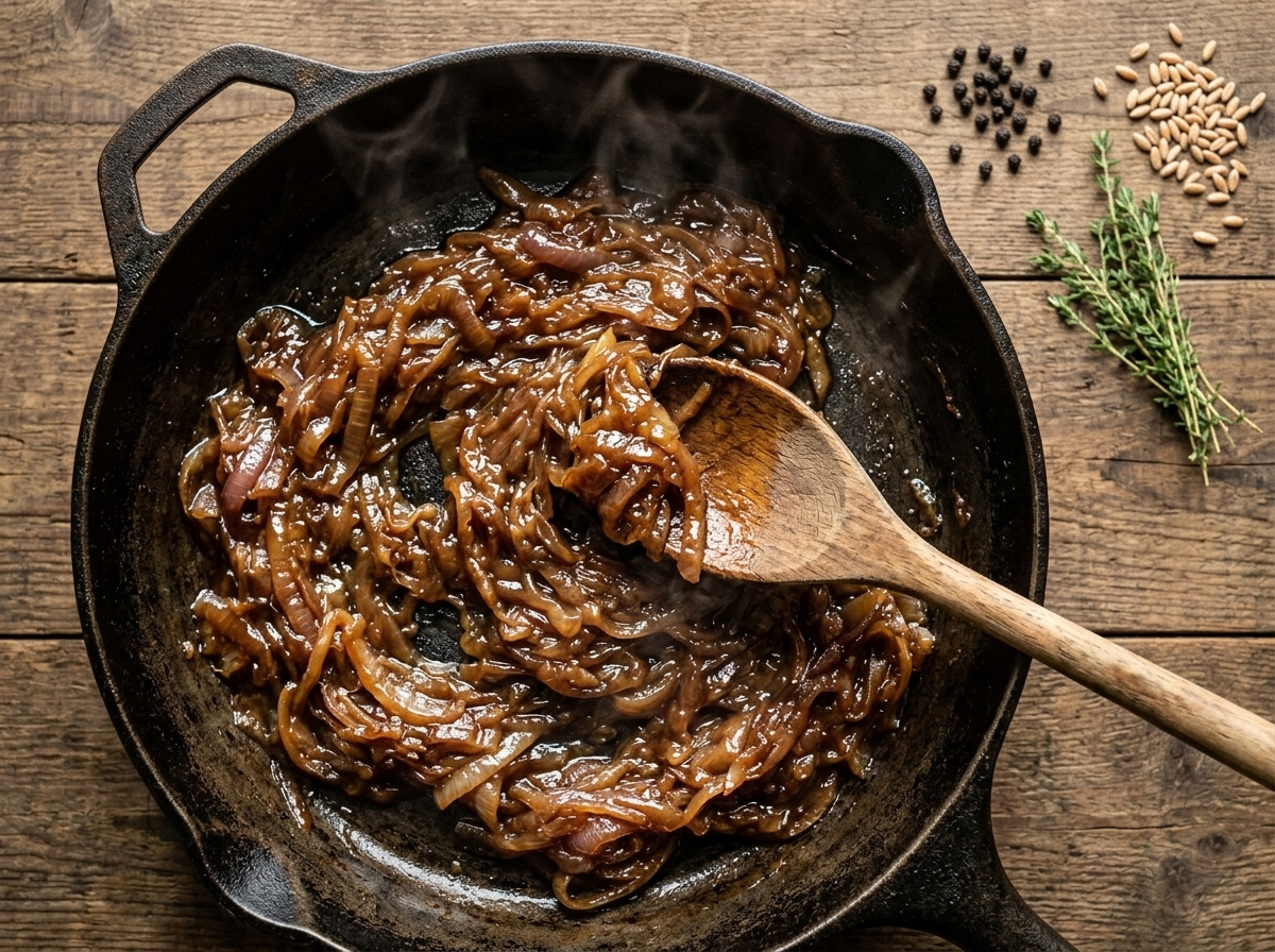 Deeply caramelised onions stirring in a cast iron skillet, jammy and golden, ready to fill spelt bread rolls
