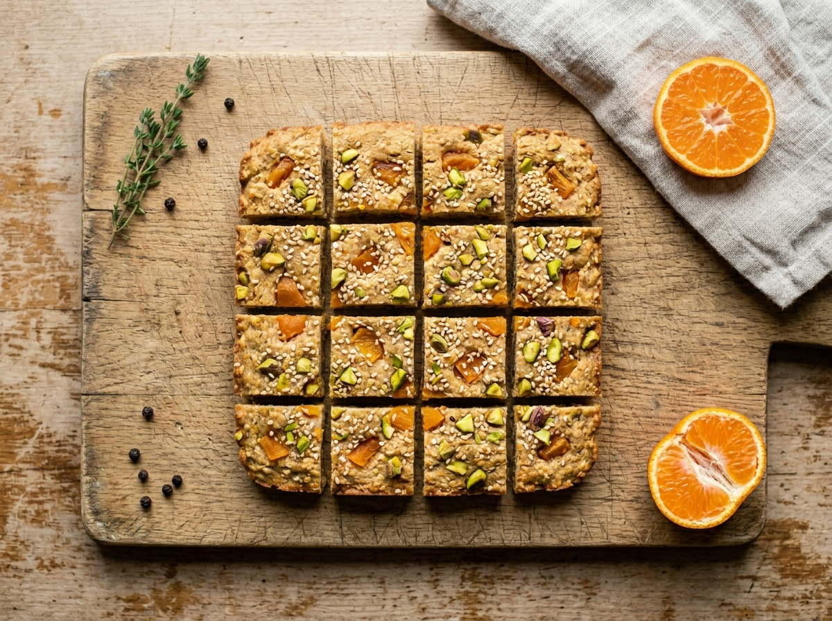 Sixteen spelt apricot pistachio energy squares on a wooden board showing golden edges and visible pistachio pieces