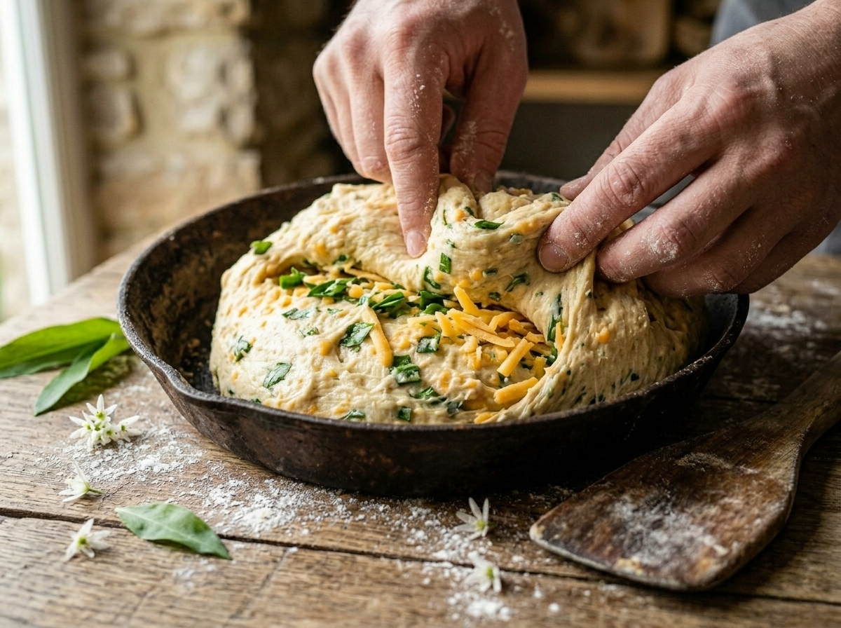 Hands folding chopped wild garlic leaves and grated cheddar into soft spelt dough on a floured wooden surface