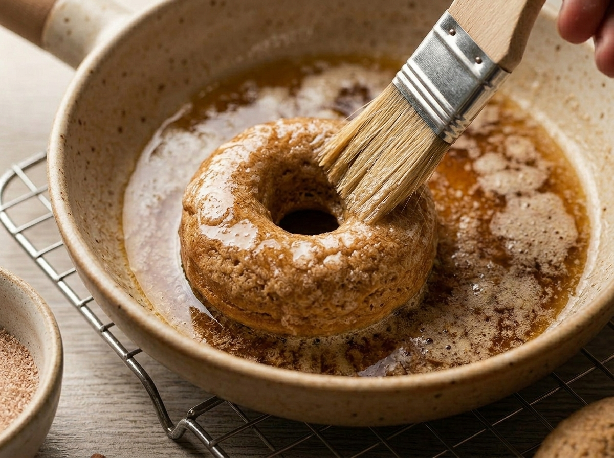 Brushing a warm baked spelt doughnut with melted butter before rolling in cinnamon sugar on a wire rack
