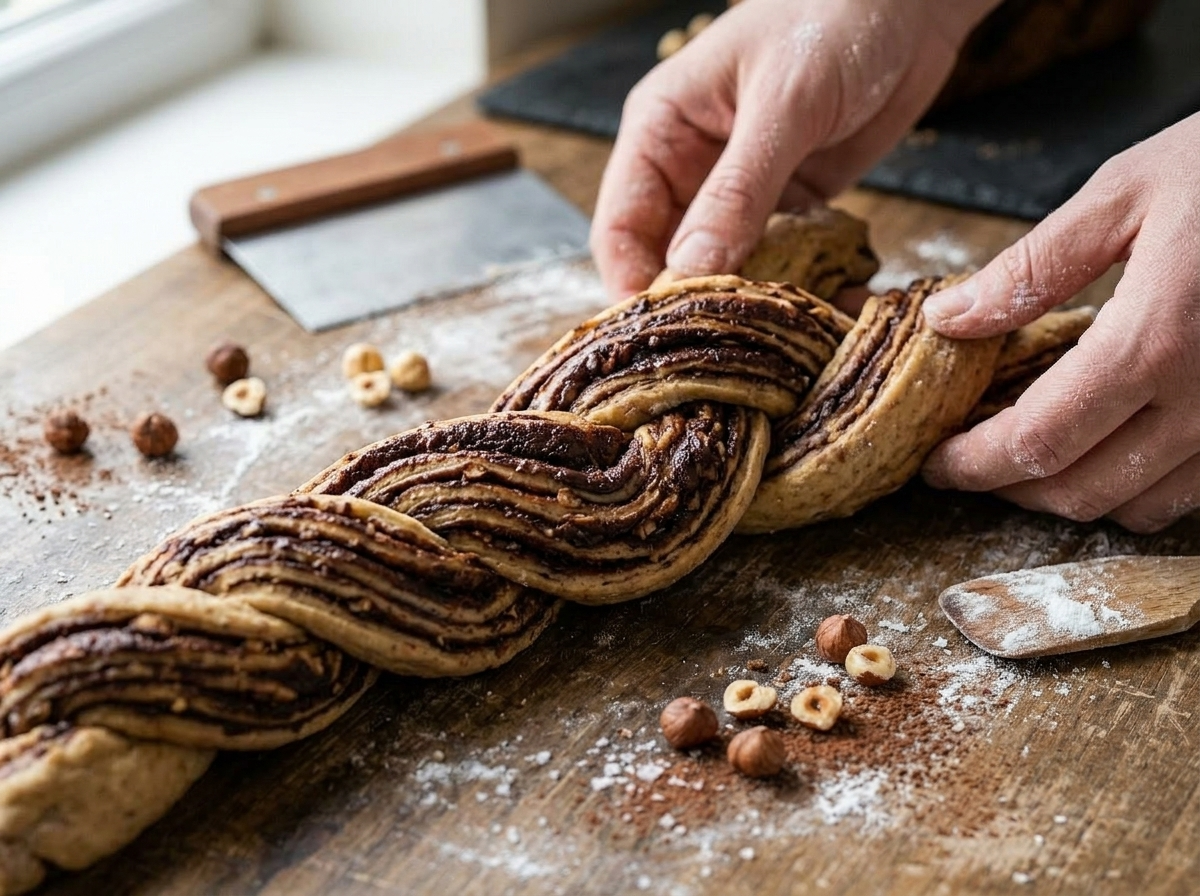 Hands twisting two halves of a chocolate hazelnut spelt babka log together on a floured wooden surface
