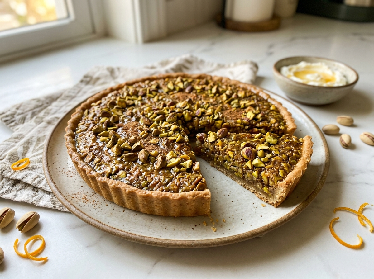 Spelt pistachio baklava tart on marble with one slice lifted to show glossy honey-nut filling and scattered pistachios.