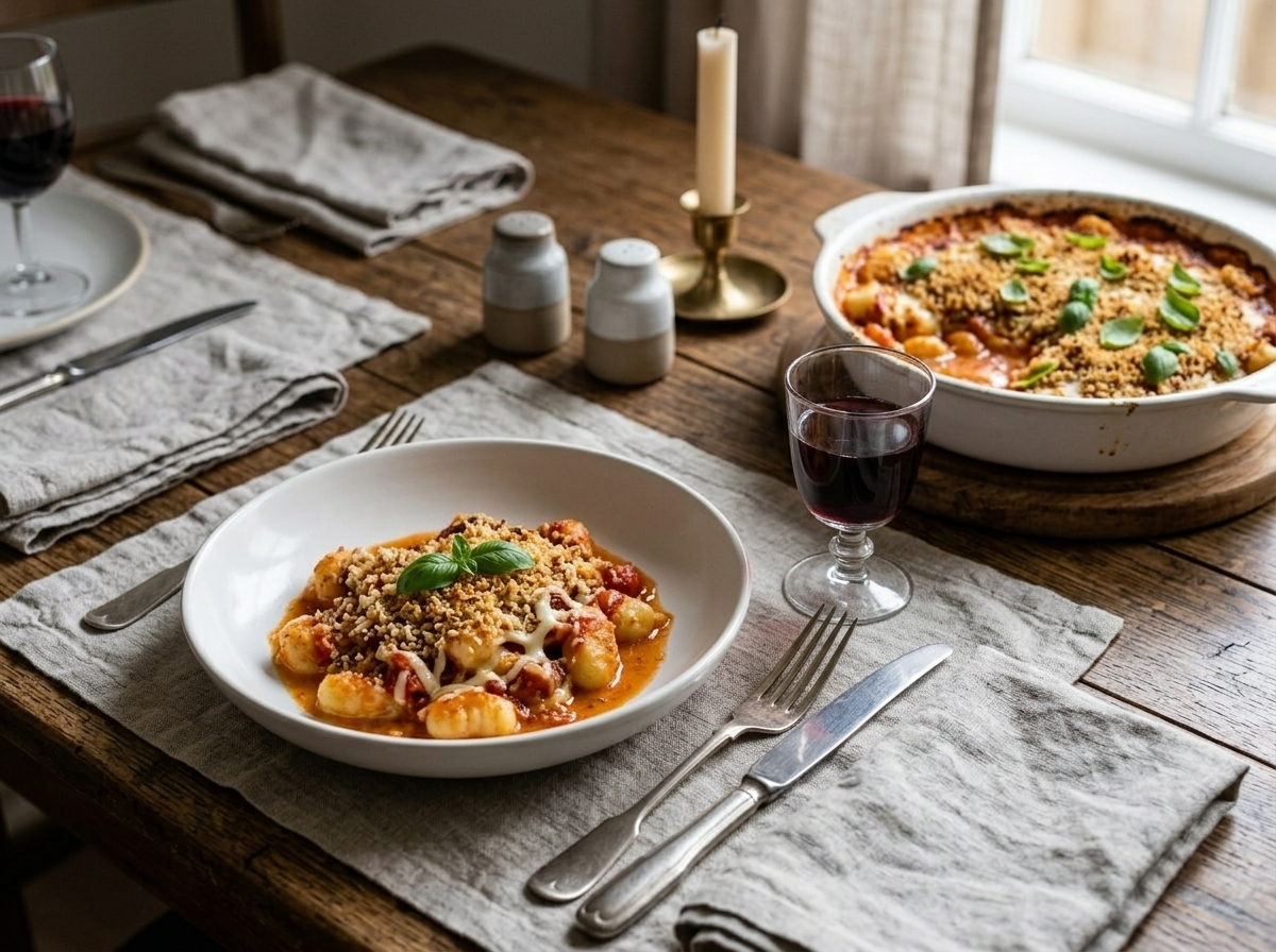 Portion of spelt gnocchi bake in a wide bowl with crispy breadcrumb top and red wine alongside