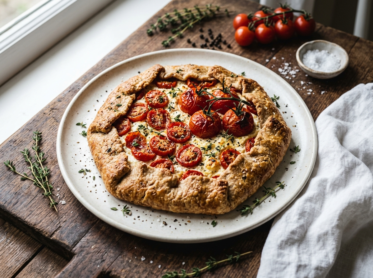 Spelt roasted tomato galette on a wooden board with golden pastry edges and collapsed cherry tomatoes