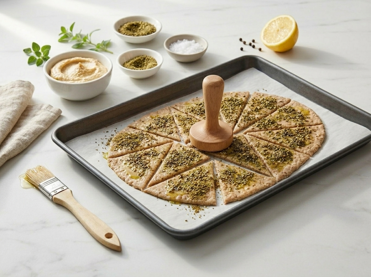 Raw scored spelt flatbread dough brushed with olive oil and coated in za'atar ready to bake on a sheet pan.