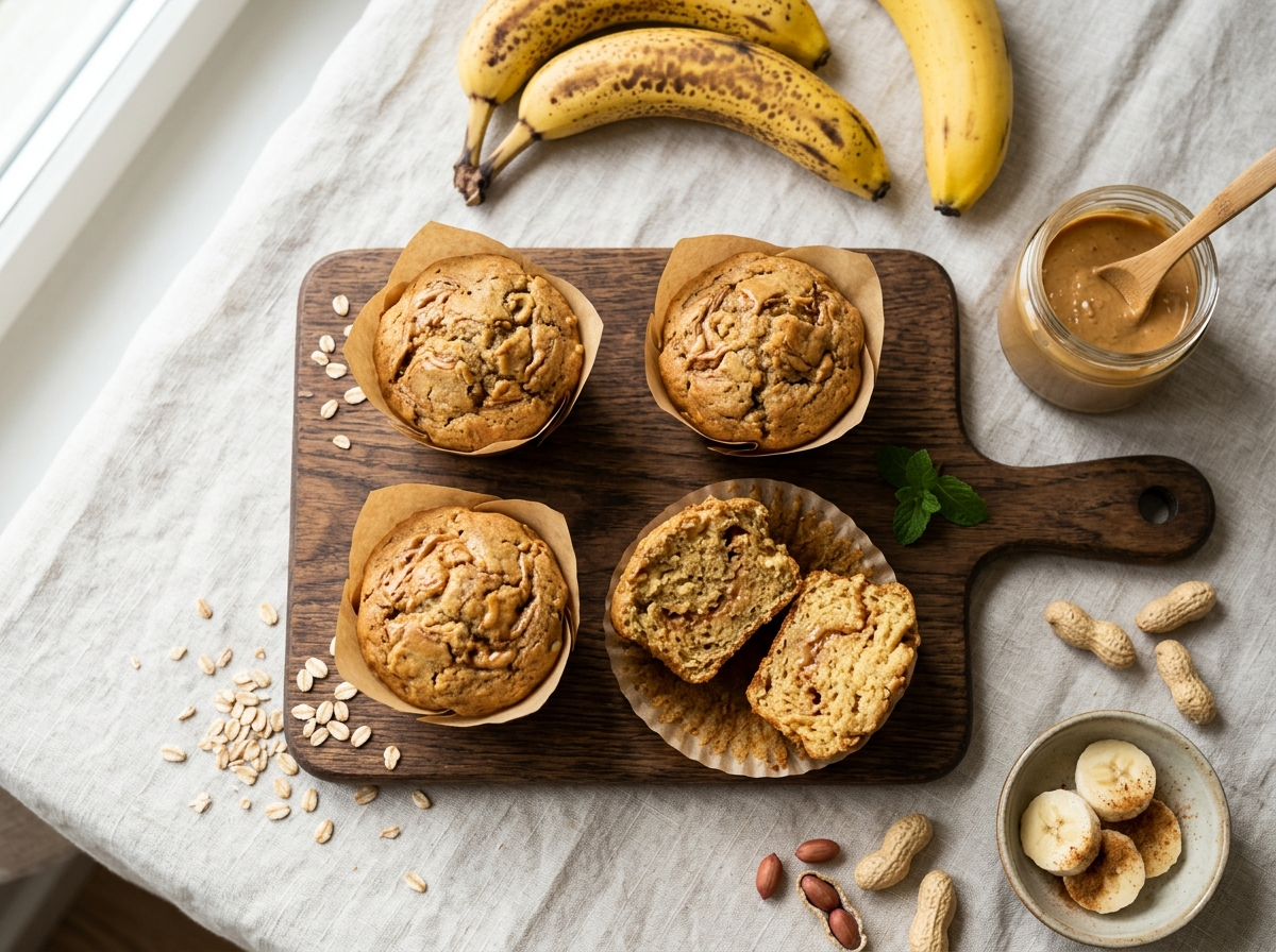 Four spelt peanut butter banana muffins on a wooden board, one broken open to show soft golden crumb
