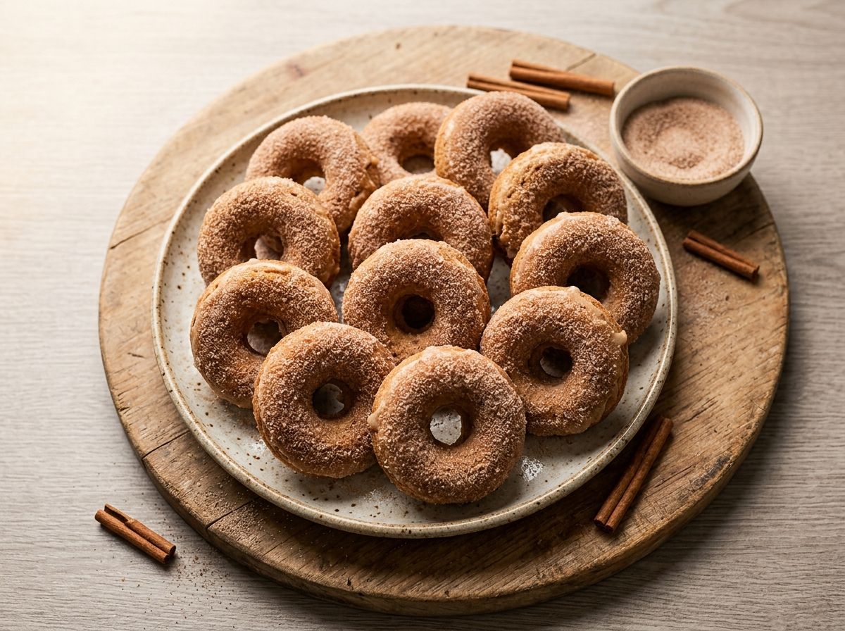 Dozen baked spelt apple cider doughnuts coated in cinnamon sugar arranged on a round wooden board