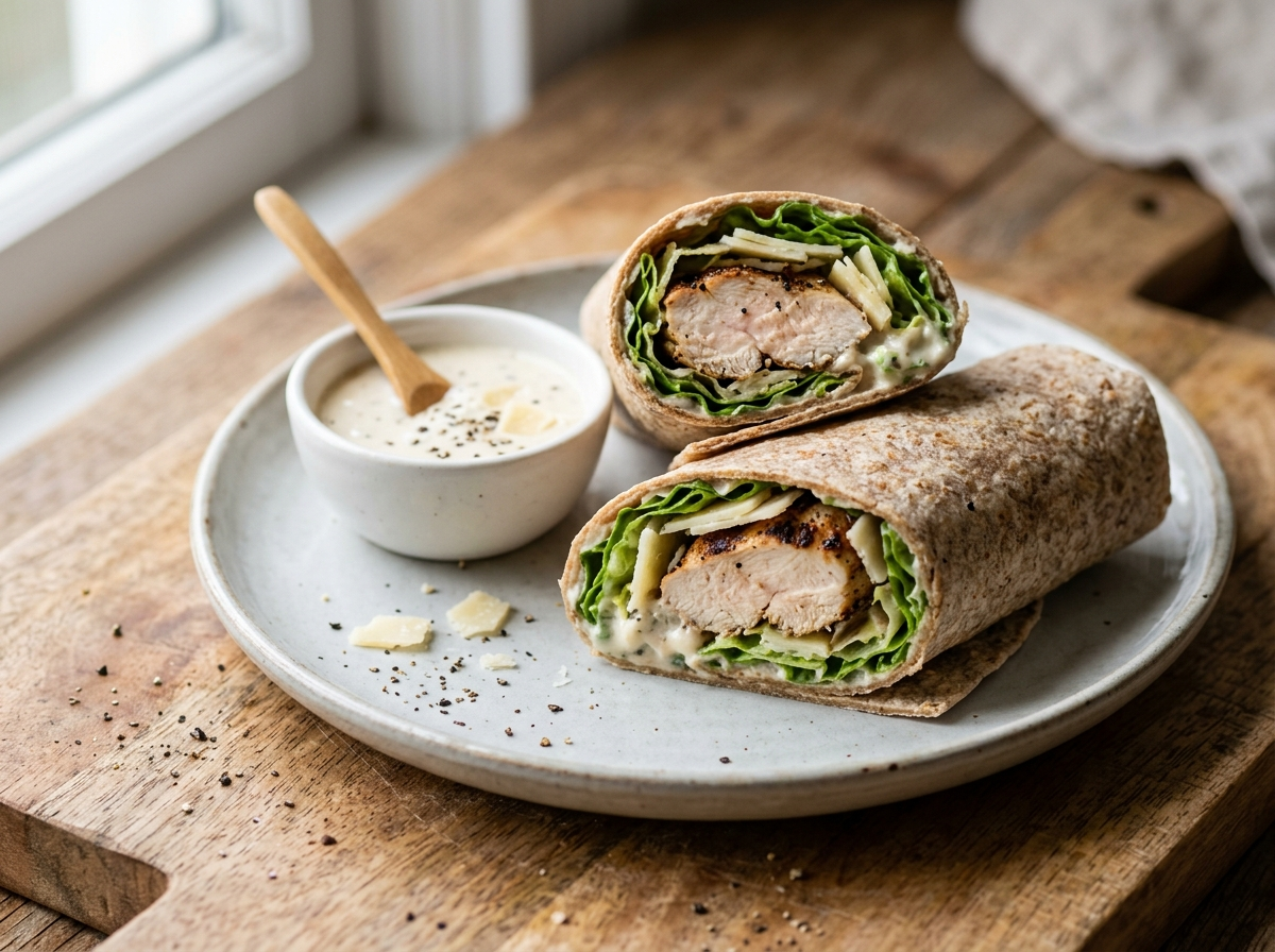 Spelt chicken Caesar wraps cut diagonally on a grey plate showing grilled chicken, romaine and Parmesan filling