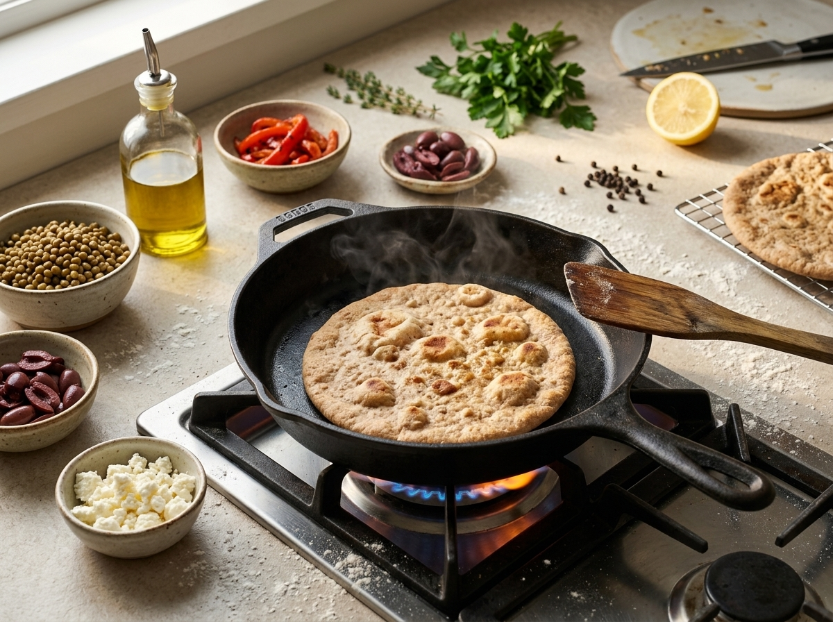 Spelt flatbread cooking in a hot cast-iron skillet with golden-brown spots and slight puffing on the surface