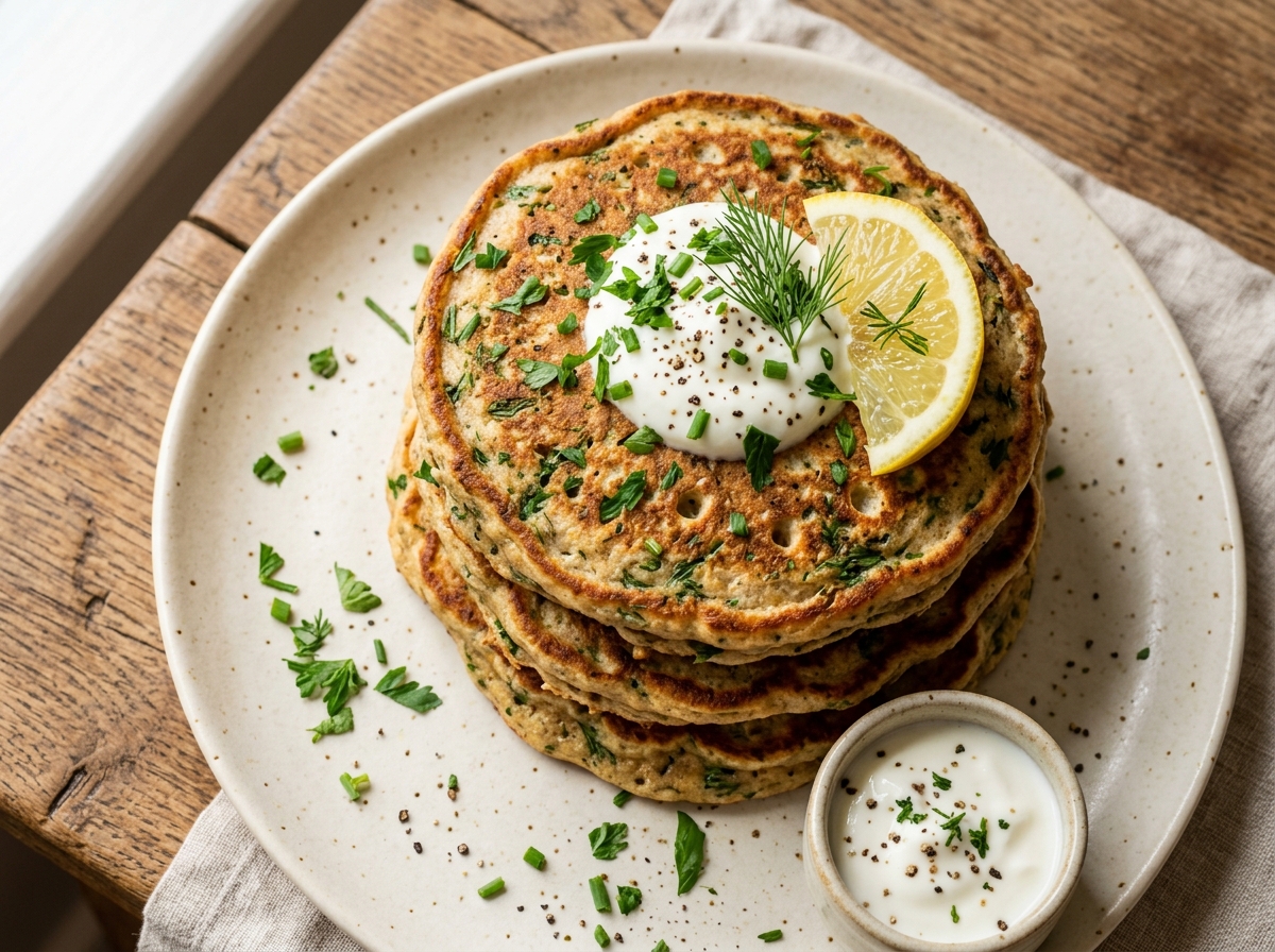 Stack of spelt chickpea herb pancakes on a ceramic plate with Greek yogurt, lemon, and fresh herbs on a linen-covered board