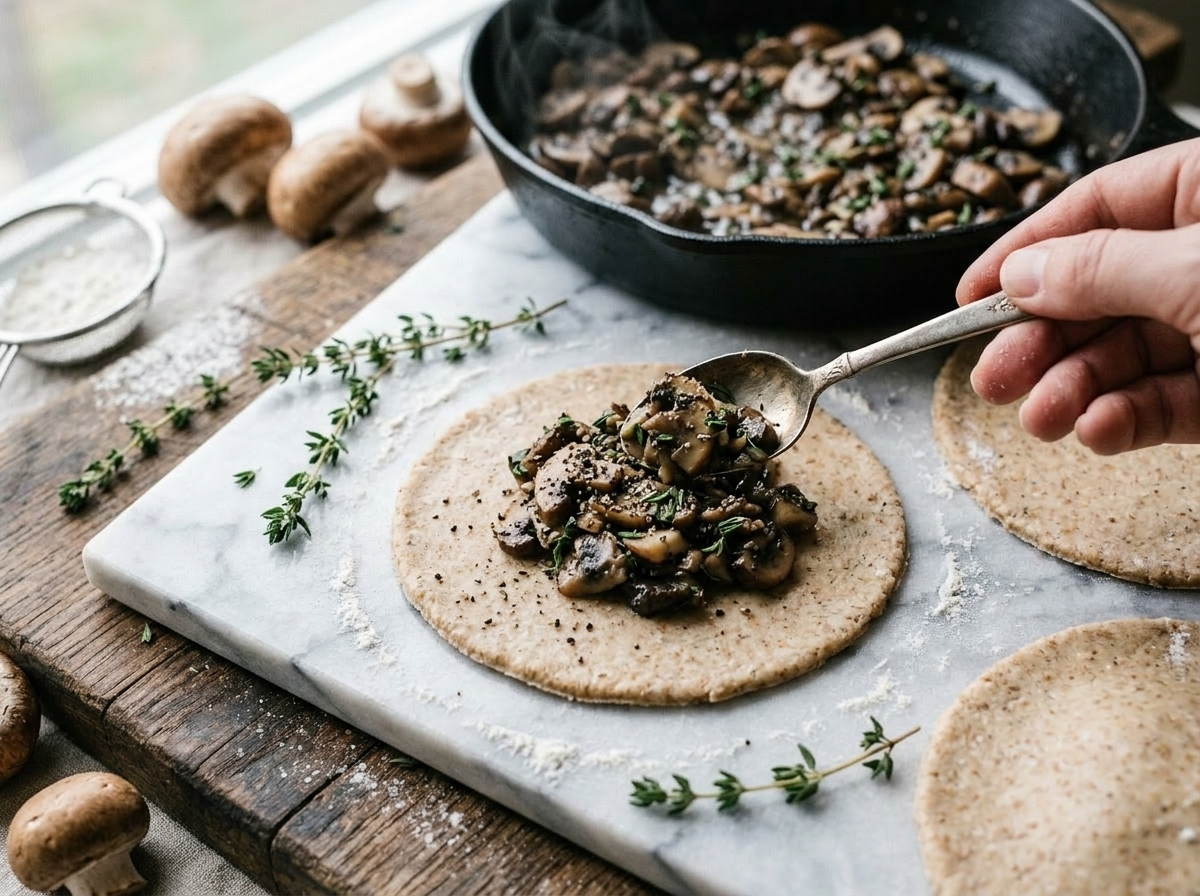 Spooning dark mushroom and thyme filling onto a rolled spelt pastry circle on a floured marble surface
