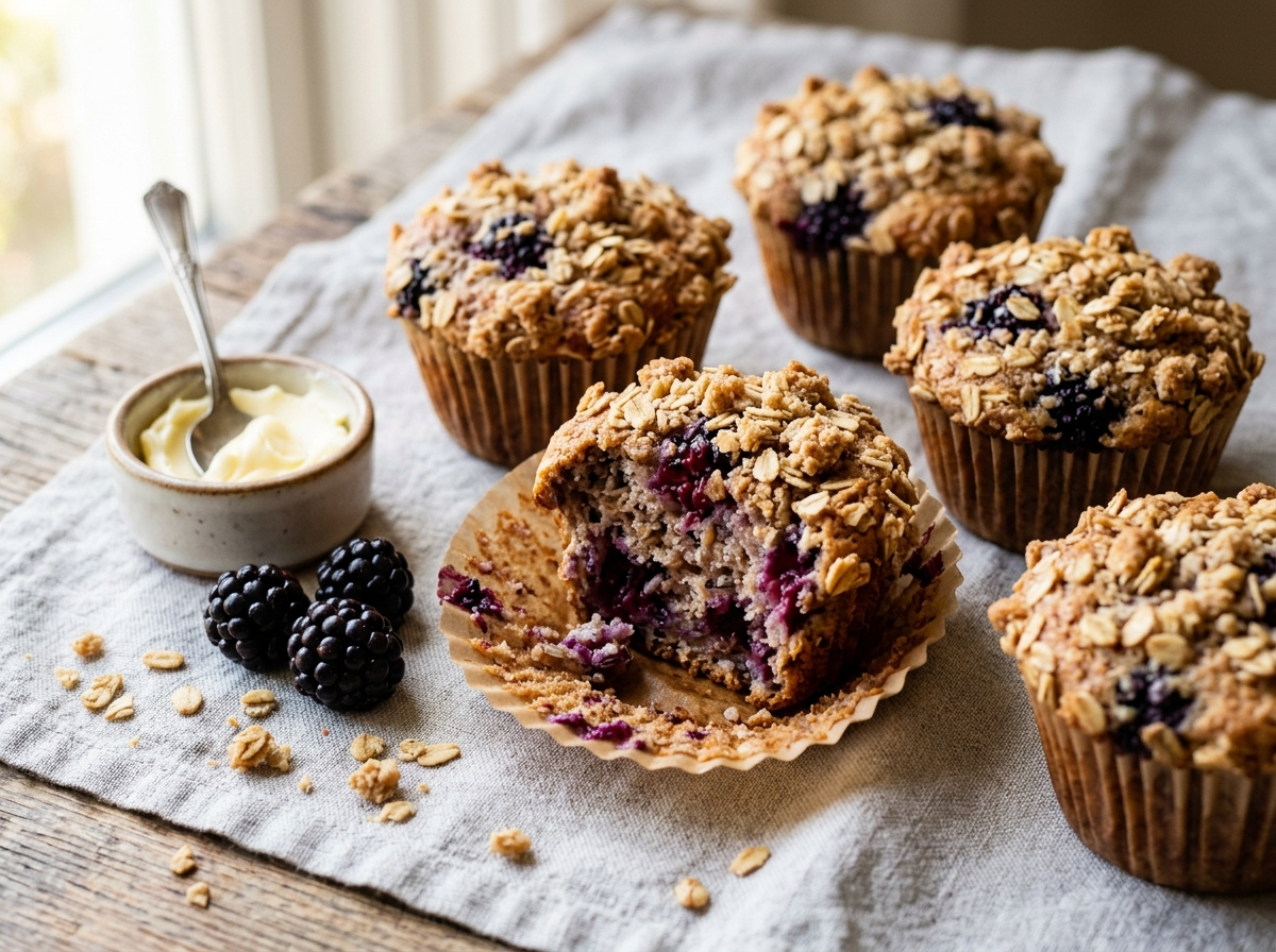 Four spelt blackberry crumble muffins on linen, one broken open showing blackberry filling and golden oat topping