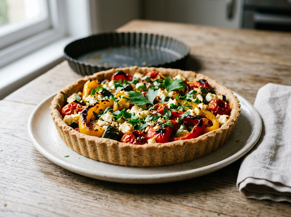 Spelt harissa roasted vegetable tart with charred peppers, courgette, cherry tomatoes and crumbled feta on a ceramic plate