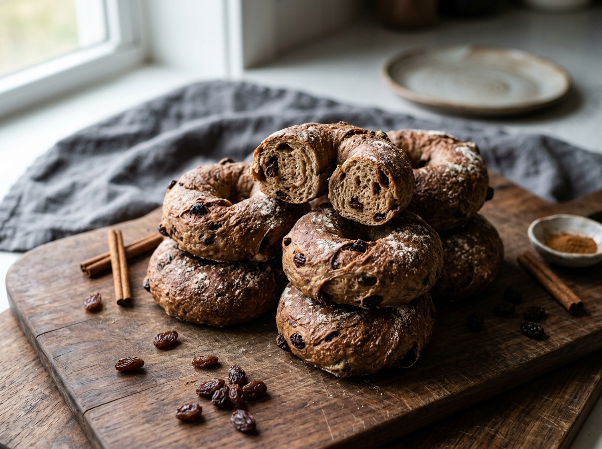 Eight whole spelt cinnamon raisin bagels arranged on a dark wooden board with scattered raisins and a cinnamon stick