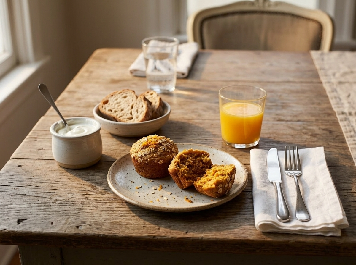 Two spelt carrot muffins on a ceramic plate with Greek yogurt and a glass of fresh orange juice