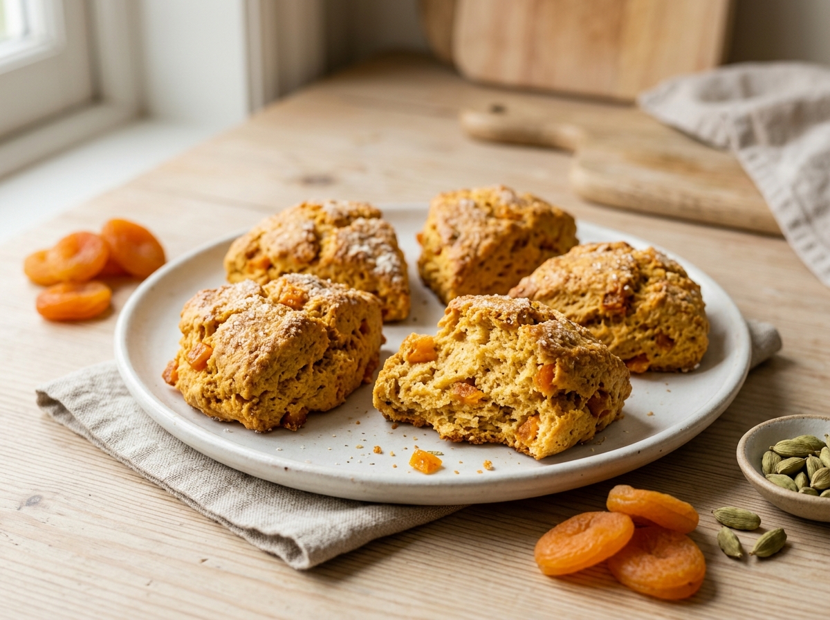 Six golden spelt apricot and cardamom scones on a white plate, one split open to show soft crumb and dried apricot pieces