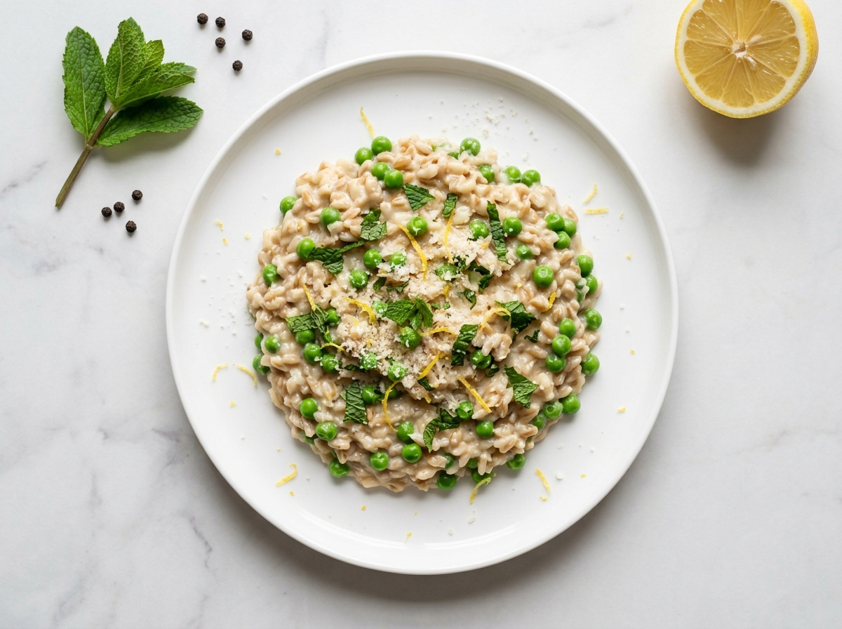 Creamy spelt risotto with bright green peas, fresh mint leaves, and grated Parmesan in a white ceramic bowl