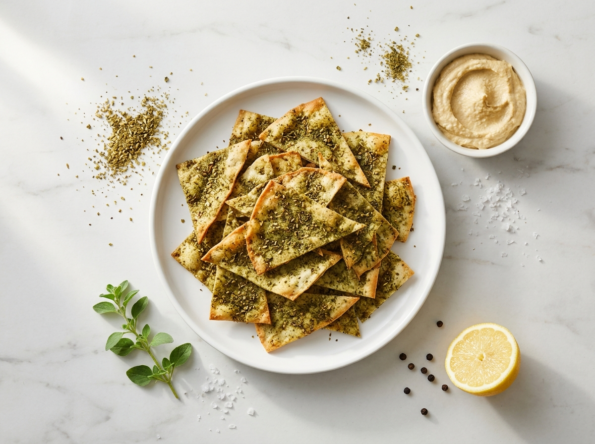 Crisp spelt za'atar flatbread chips on a white plate with golden edges and herb coating, hummus on the side.