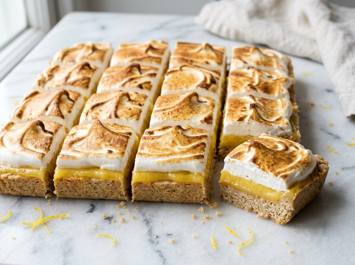 Spelt lemon meringue pie bars on marble with toasted meringue peaks and visible lemon curd and spelt base layers.