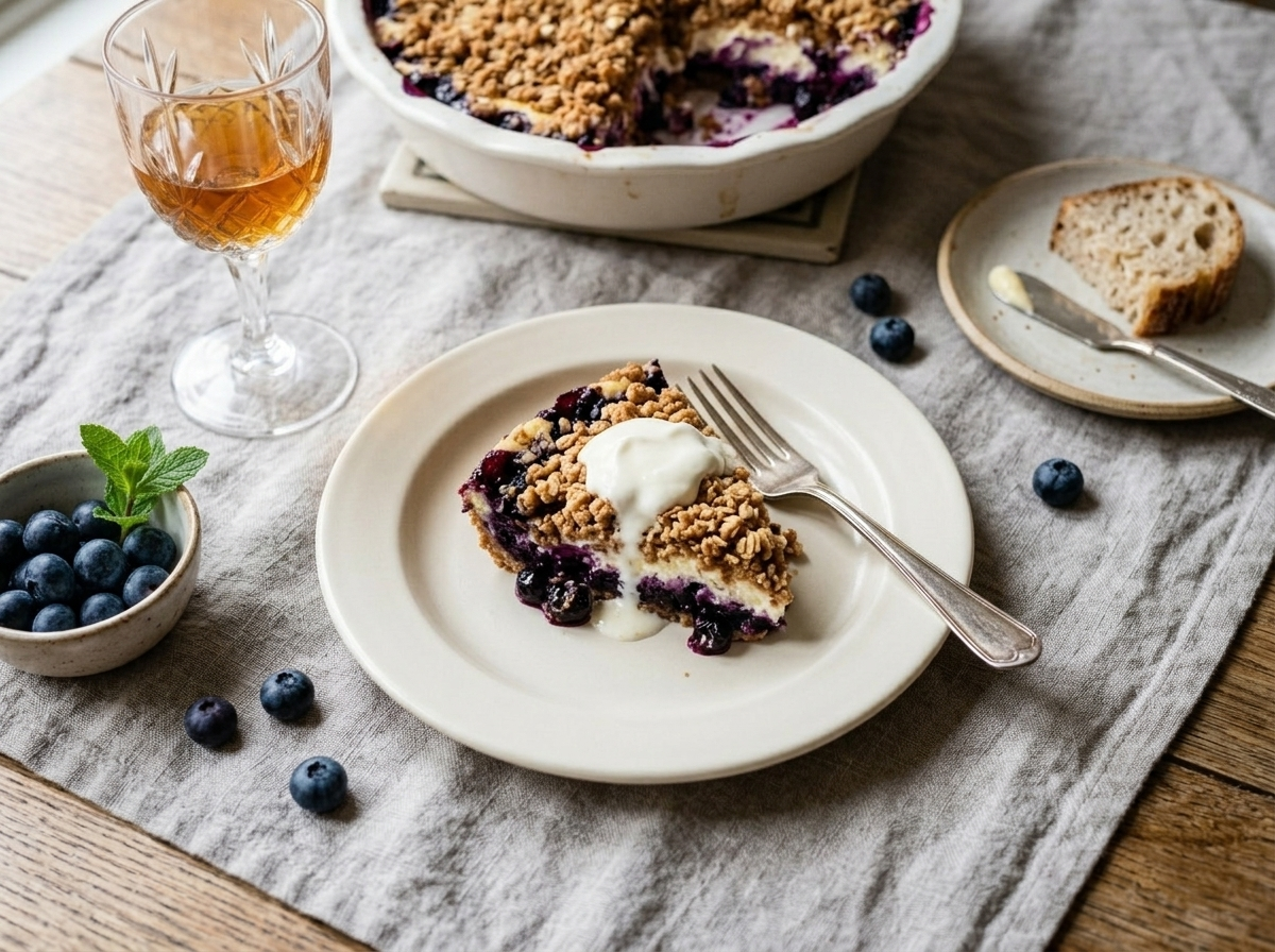 Single portion of spelt blueberry cheesecake crumble on a plate with a dollop of creme fraiche
