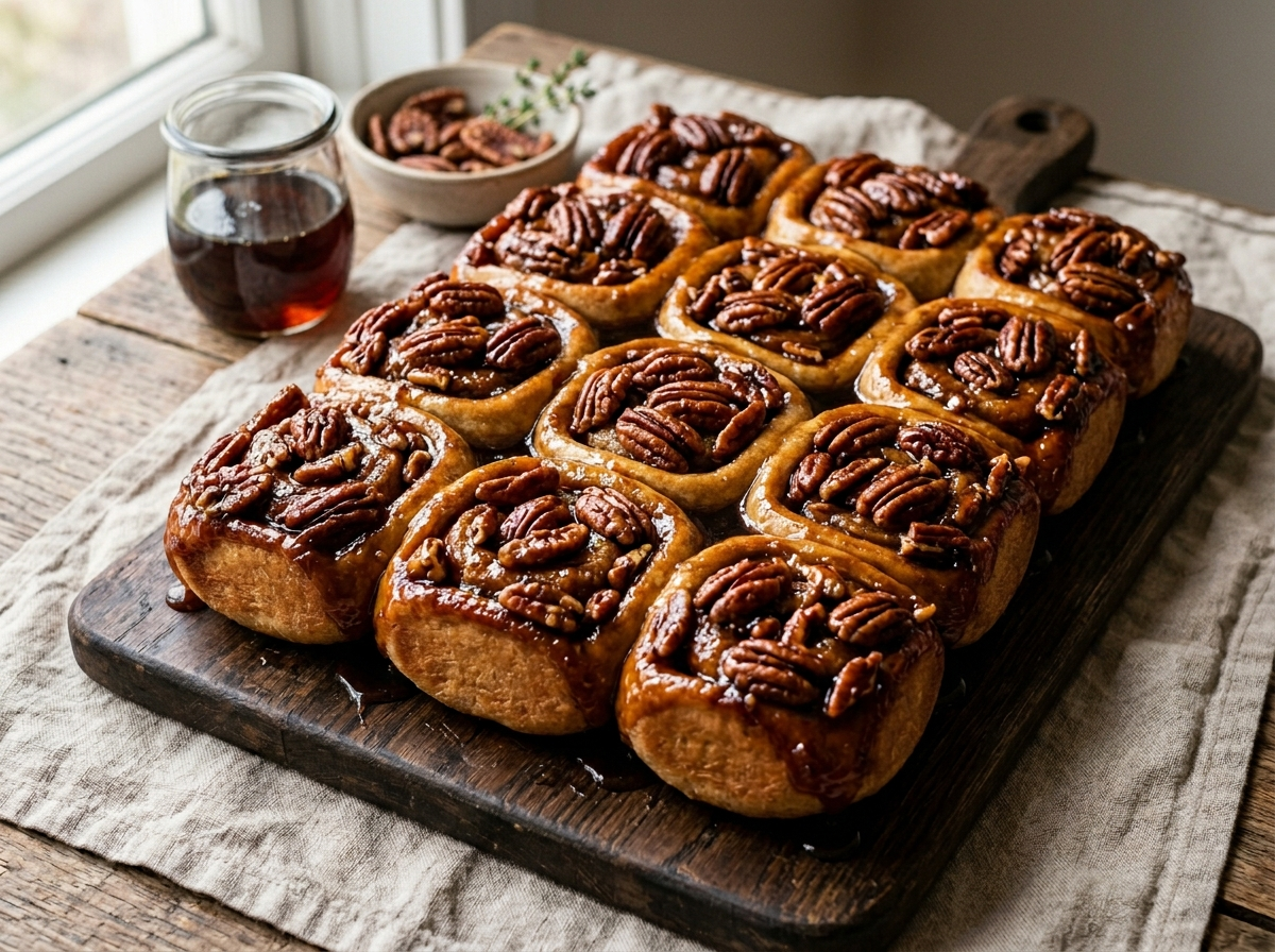 Twelve spelt sticky maple pecan buns on a wooden board with glossy maple glaze and toasted pecans on top