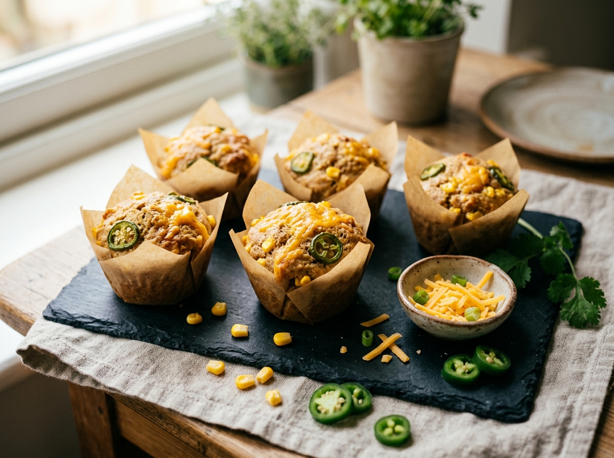 Six golden spelt sweetcorn and jalapeño muffins with cheddar crust on a dark slate board with fresh jalapeño props