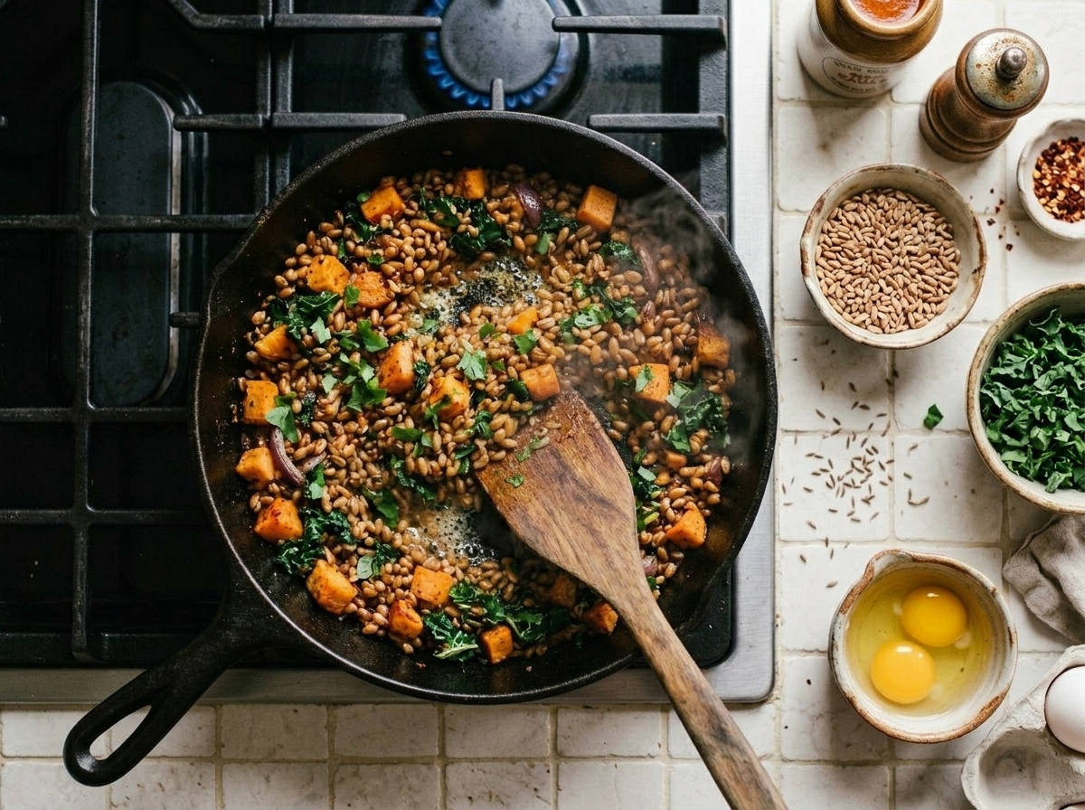 Spelt berries and sweet potato cubes browning and crisping in a cast iron skillet, stirred with a wooden spatula.