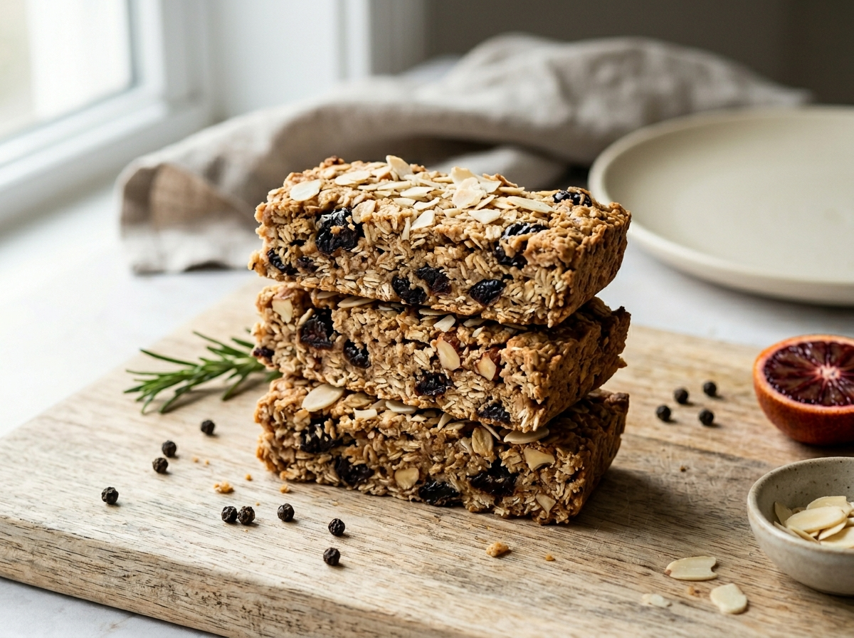 Stack of three spelt cherry almond breakfast bars on a wooden board showing oat texture and dried cherry pieces