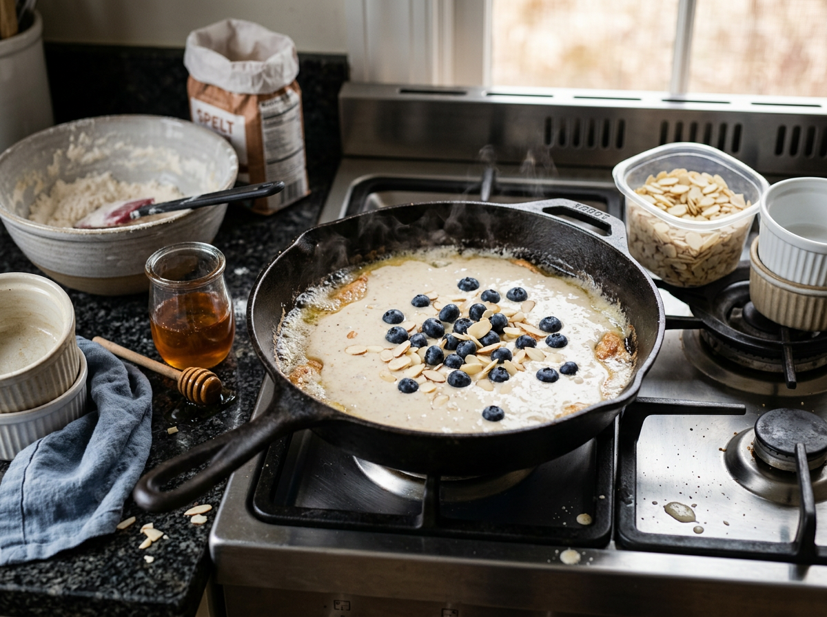 Raw spelt batter in hot cast iron skillet with fresh blueberries and almond flakes scattered on top before baking
