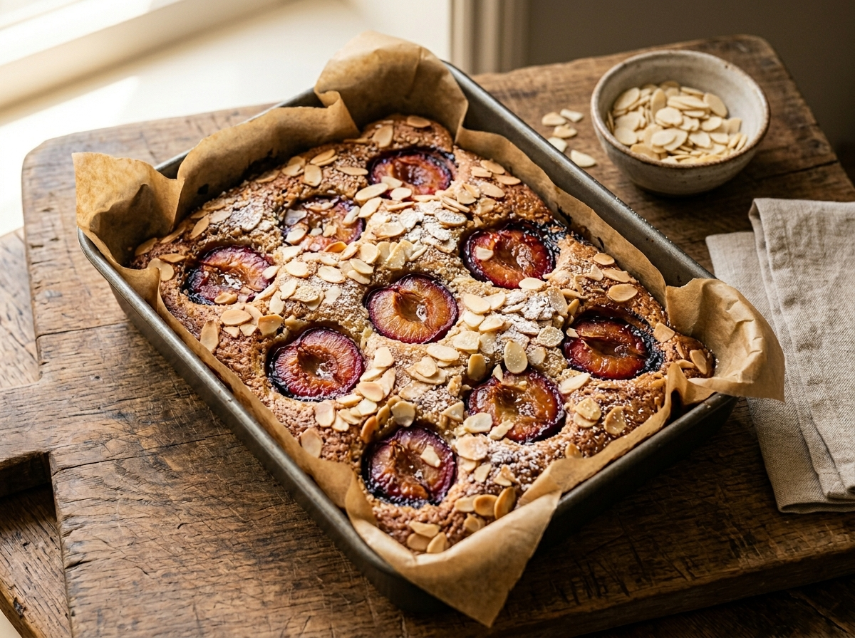 Spelt plum and almond traybake in a parchment tin with golden sponge, sunken plum halves and flaked almonds on top