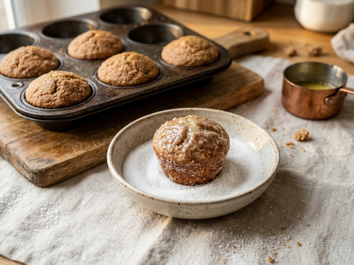 Warm spelt muffin being rolled in caster sugar in a shallow bowl, butter coating visible on the surface